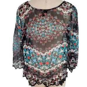 Jessica Simpson Large Black White 3/4 Sleeve Sheer Embroidered Edging Blouse Top